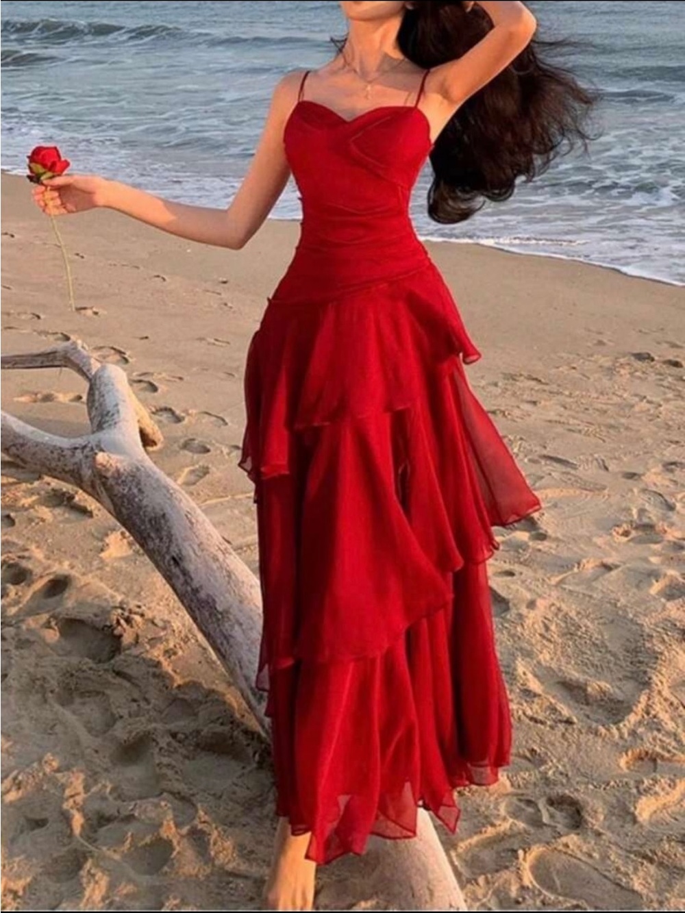 ROEMO Red Spaghetti-Strap Layered Chiffon Maxi Dress